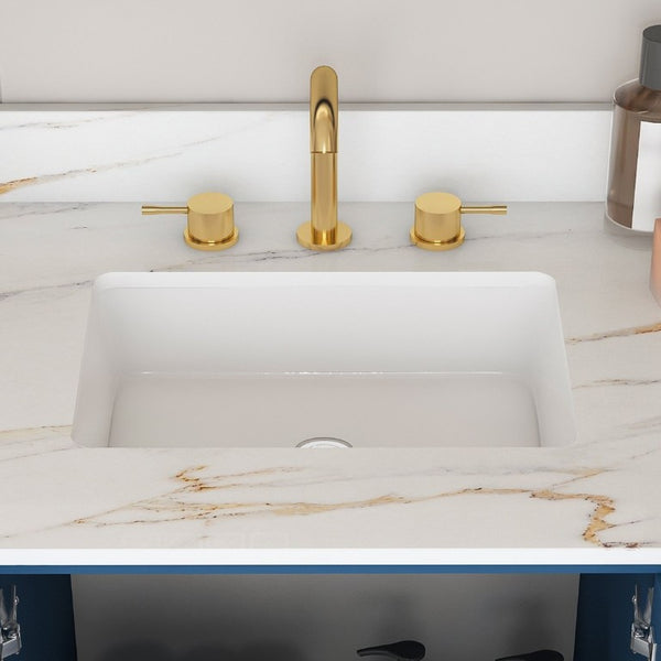 English Elm 42 Inch Navy Blue Bathroom Vanity with Sintered Stone Top Gold Hardware and 9 Drawers Blue 3 Holes W2699S00137