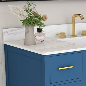 English Elm 42 Inch Navy Blue Bathroom Vanity with Sintered Stone Top Gold Hardware and 9 Drawers Blue 3 Holes W2699S00137