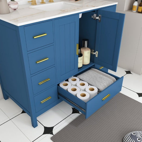 English Elm 42 Inch Navy Blue Bathroom Vanity with Sintered Stone Top Gold Hardware and 9 Drawers Blue 3 Holes W2699S00137