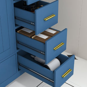 English Elm 42 Inch Navy Blue Bathroom Vanity with Sintered Stone Top Gold Hardware and 9 Drawers Blue 3 Holes W2699S00137