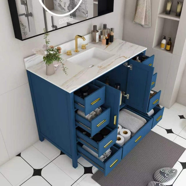 English Elm 42 Inch Navy Blue Bathroom Vanity with Sintered Stone Top Gold Hardware and 9 Drawers Blue 3 Holes W2699S00137