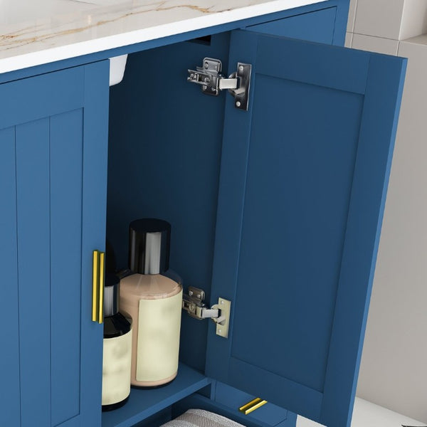 English Elm 42 Inch Navy Blue Bathroom Vanity with Sintered Stone Top Gold Hardware and 9 Drawers Blue 3 Holes W2699S00137