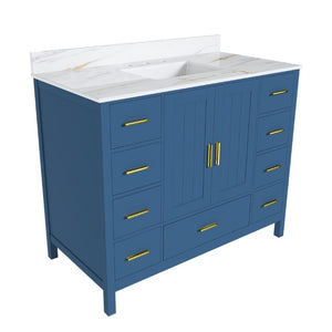 English Elm 42 Inch Navy Blue Bathroom Vanity with Sintered Stone Top Gold Hardware and 9 Drawers Blue 3 Holes W2699S00137