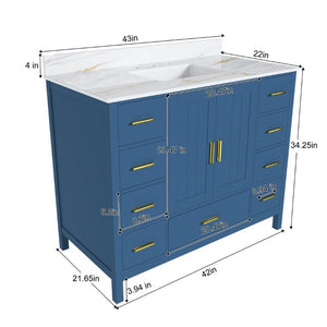 English Elm 42 Inch Navy Blue Bathroom Vanity with Sintered Stone Top Gold Hardware and 9 Drawers Blue 3 Holes W2699S00137
