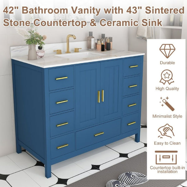 English Elm 42 Inch Navy Blue Bathroom Vanity with Sintered Stone Top Gold Hardware and 9 Drawers Blue 3 Holes W2699S00137