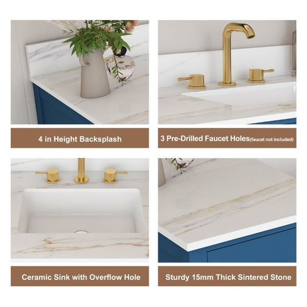 English Elm 42 Inch Navy Blue Bathroom Vanity with Sintered Stone Top Gold Hardware and 9 Drawers Blue 3 Holes W2699S00137