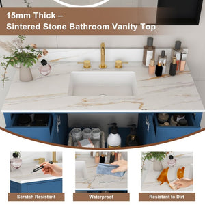English Elm 42 Inch Navy Blue Bathroom Vanity with Sintered Stone Top Gold Hardware and 9 Drawers Blue 3 Holes W2699S00137