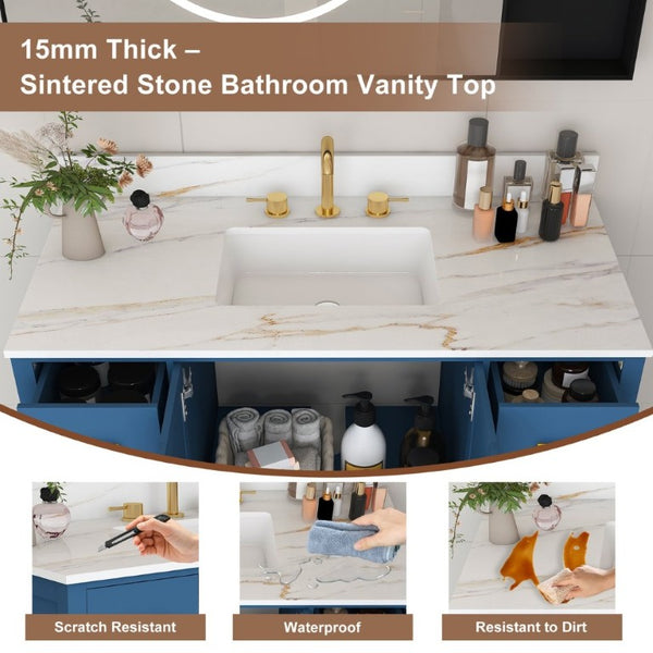 English Elm 42 Inch Navy Blue Bathroom Vanity with Sintered Stone Top Gold Hardware and 9 Drawers Blue 3 Holes W2699S00137