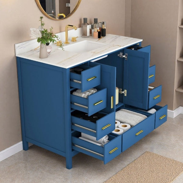 English Elm 42 Inch Navy Blue Bathroom Vanity with Sintered Stone Top Gold Hardware and 9 Drawers Blue 3 Holes W2699S00137