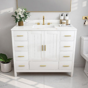 English Elm 42 Inch Navy Blue Bathroom Vanity with Sintered Stone Top Gold Hardware and 9 Drawers White 3 Holes W2699S00138