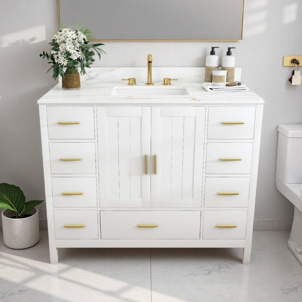 English Elm 42 Inch Navy Blue Bathroom Vanity with Sintered Stone Top Gold Hardware and 9 Drawers White 3 Holes W2699S00138