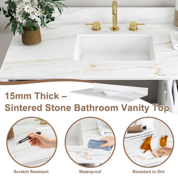 English Elm 42 Inch Navy Blue Bathroom Vanity with Sintered Stone Top Gold Hardware and 9 Drawers White 3 Holes W2699S00138