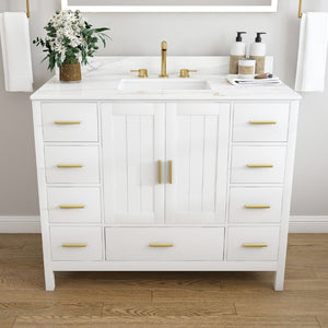 English Elm 42 Inch Navy Blue Bathroom Vanity with Sintered Stone Top Gold Hardware and 9 Drawers White 3 Holes W2699S00138