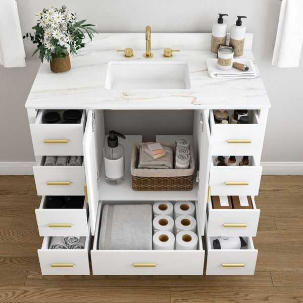 English Elm 42 Inch Navy Blue Bathroom Vanity with Sintered Stone Top Gold Hardware and 9 Drawers White 3 Holes W2699S00138