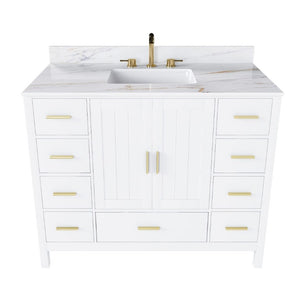 English Elm 42 Inch Navy Blue Bathroom Vanity with Sintered Stone Top Gold Hardware and 9 Drawers White 3 Holes W2699S00138