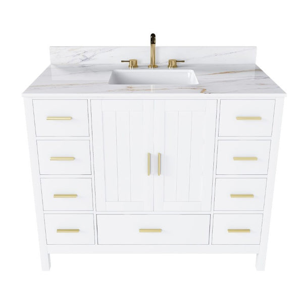 English Elm 42 Inch Navy Blue Bathroom Vanity with Sintered Stone Top Gold Hardware and 9 Drawers White 3 Holes W2699S00138