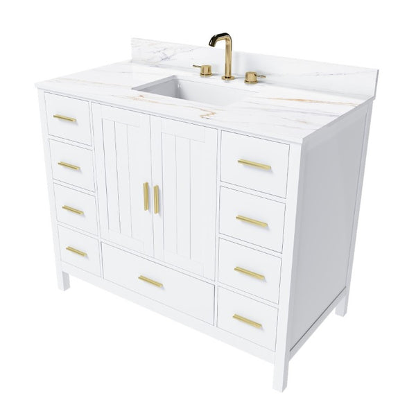 English Elm 42 Inch Navy Blue Bathroom Vanity with Sintered Stone Top Gold Hardware and 9 Drawers White 3 Holes W2699S00138