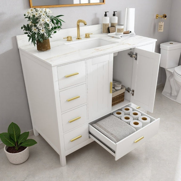 English Elm 42 Inch Navy Blue Bathroom Vanity with Sintered Stone Top Gold Hardware and 9 Drawers White 3 Holes W2699S00138