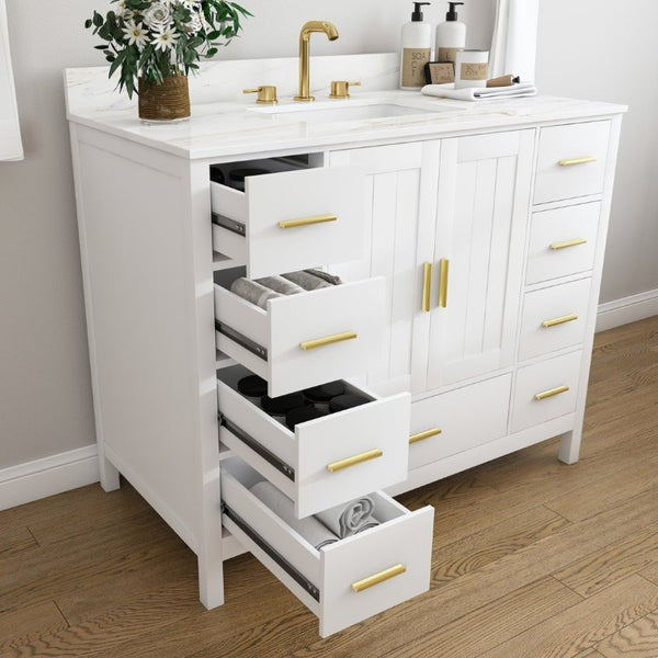 English Elm 42 Inch Navy Blue Bathroom Vanity with Sintered Stone Top Gold Hardware and 9 Drawers White 3 Holes W2699S00138
