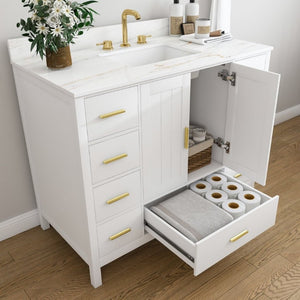 English Elm 42 Inch Navy Blue Bathroom Vanity with Sintered Stone Top Gold Hardware and 9 Drawers White 3 Holes W2699S00138