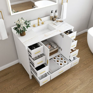 English Elm 42 Inch Navy Blue Bathroom Vanity with Sintered Stone Top Gold Hardware and 9 Drawers White 3 Holes W2699S00138