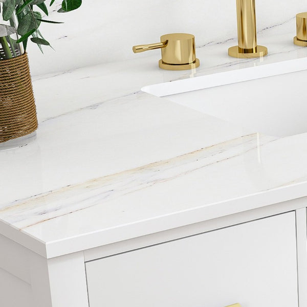 English Elm 42 Inch Navy Blue Bathroom Vanity with Sintered Stone Top Gold Hardware and 9 Drawers White 3 Holes W2699S00138