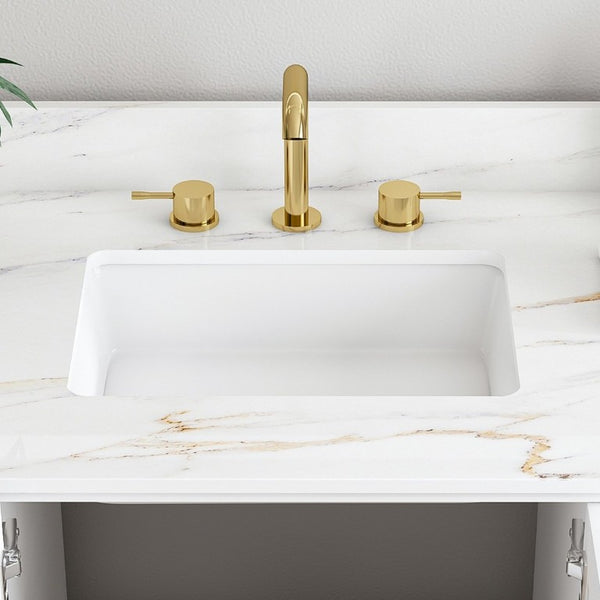 English Elm 42 Inch Navy Blue Bathroom Vanity with Sintered Stone Top Gold Hardware and 9 Drawers White 3 Holes W2699S00138