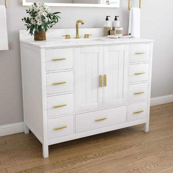 English Elm 42 Inch Navy Blue Bathroom Vanity with Sintered Stone Top Gold Hardware and 9 Drawers White 3 Holes W2699S00138