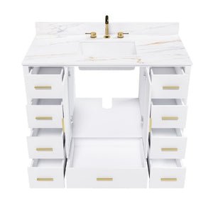 English Elm 42 Inch Navy Blue Bathroom Vanity with Sintered Stone Top Gold Hardware and 9 Drawers White 3 Holes W2699S00138