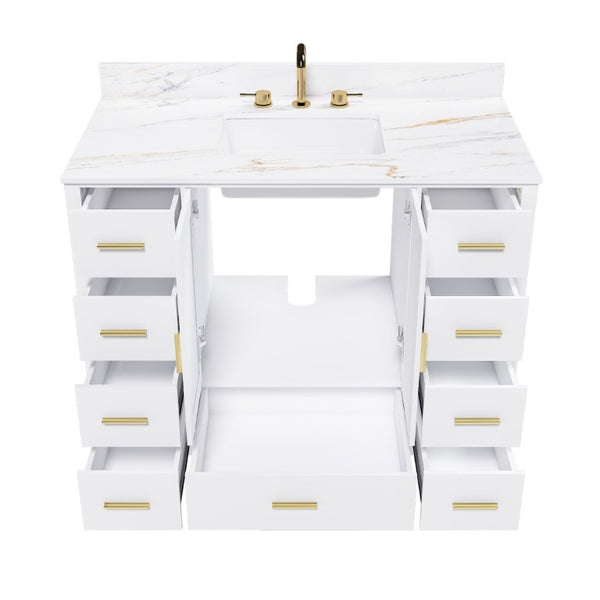 English Elm 42 Inch Navy Blue Bathroom Vanity with Sintered Stone Top Gold Hardware and 9 Drawers White 3 Holes W2699S00138