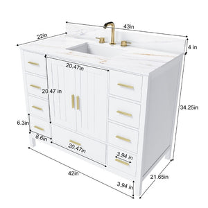 English Elm 42 Inch Navy Blue Bathroom Vanity with Sintered Stone Top Gold Hardware and 9 Drawers White 3 Holes W2699S00138