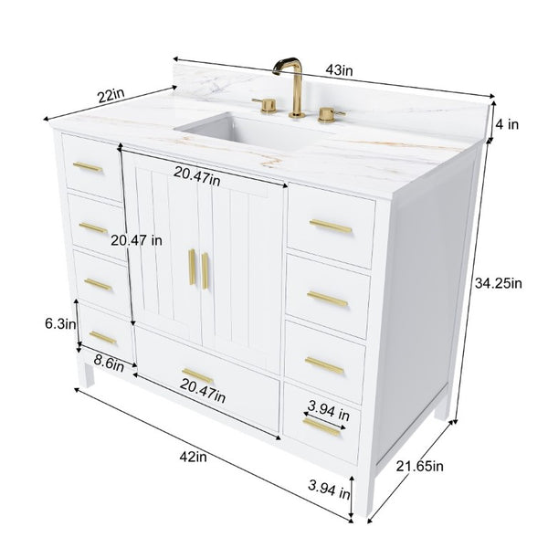 English Elm 42 Inch Navy Blue Bathroom Vanity with Sintered Stone Top Gold Hardware and 9 Drawers White 3 Holes W2699S00138