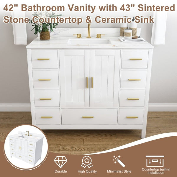 English Elm 42 Inch Navy Blue Bathroom Vanity with Sintered Stone Top Gold Hardware and 9 Drawers White 3 Holes W2699S00138