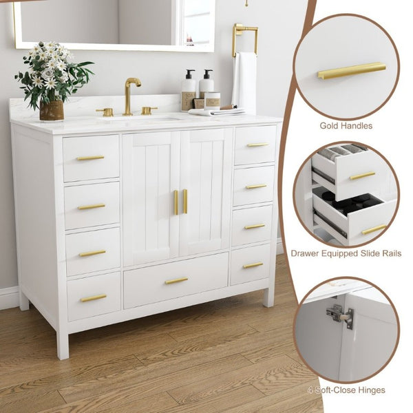 English Elm 42 Inch Navy Blue Bathroom Vanity with Sintered Stone Top Gold Hardware and 9 Drawers White 3 Holes W2699S00138