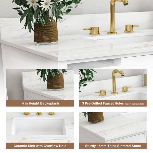 English Elm 42 Inch Navy Blue Bathroom Vanity with Sintered Stone Top Gold Hardware and 9 Drawers White 3 Holes W2699S00138