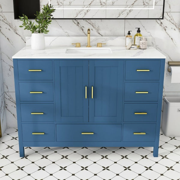 English Elm 48 Inch Navy Bathroom Vanity with Quartz Top Gold Hardware and 9 Drawer Storage Cabinet Blue W2699S00139