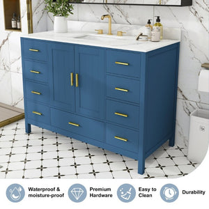 English Elm 48 Inch Navy Bathroom Vanity with Quartz Top Gold Hardware and 9 Drawer Storage Cabinet Blue W2699S00139