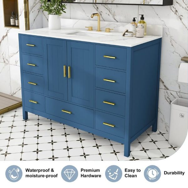 English Elm 48 Inch Navy Bathroom Vanity with Quartz Top Gold Hardware and 9 Drawer Storage Cabinet Blue W2699S00139