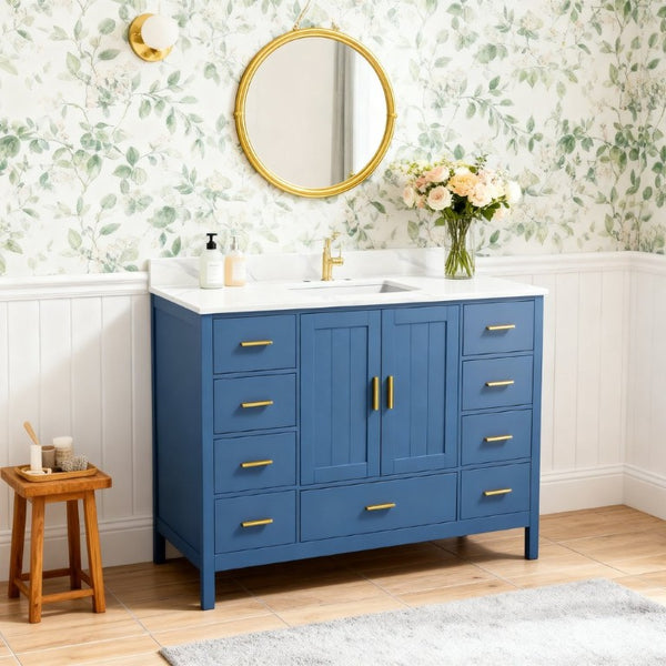 English Elm 48 Inch Navy Bathroom Vanity with Quartz Top Gold Hardware and 9 Drawer Storage Cabinet Blue W2699S00139