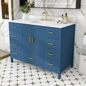 English Elm 48 Inch Navy Bathroom Vanity with Quartz Top Gold Hardware and 9 Drawer Storage Cabinet Blue W2699S00139