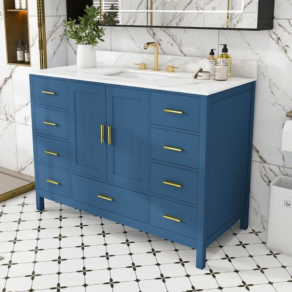 English Elm 48 Inch Navy Bathroom Vanity with Quartz Top Gold Hardware and 9 Drawer Storage Cabinet Blue W2699S00139