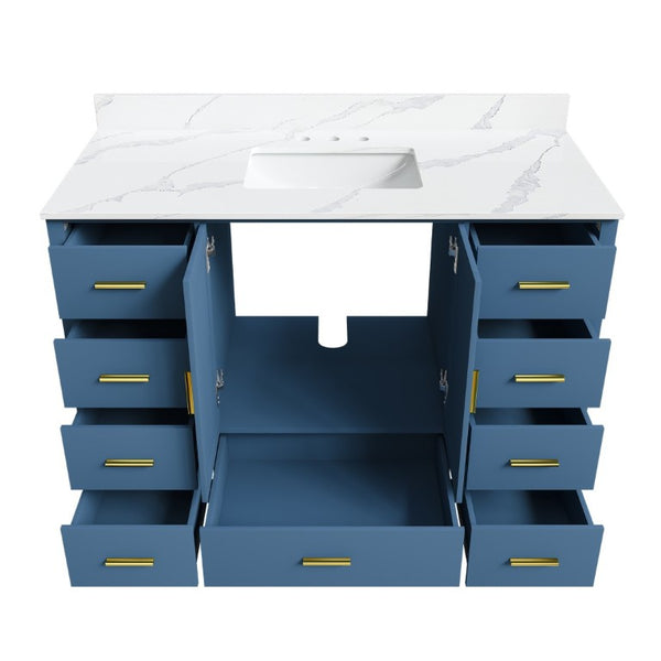 English Elm 48 Inch Navy Bathroom Vanity with Quartz Top Gold Hardware and 9 Drawer Storage Cabinet Blue W2699S00139