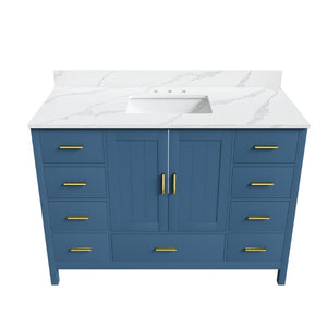 English Elm 48 Inch Navy Bathroom Vanity with Quartz Top Gold Hardware and 9 Drawer Storage Cabinet Blue W2699S00139