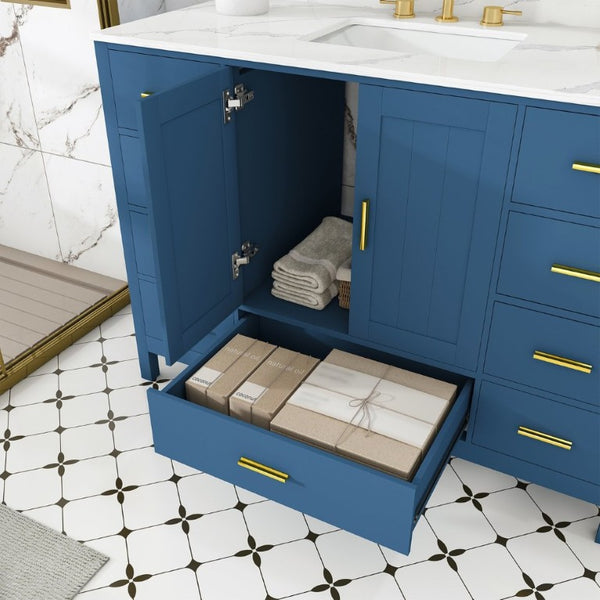 English Elm 48 Inch Navy Bathroom Vanity with Quartz Top Gold Hardware and 9 Drawer Storage Cabinet Blue W2699S00139