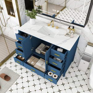 English Elm 48 Inch Navy Bathroom Vanity with Quartz Top Gold Hardware and 9 Drawer Storage Cabinet Blue W2699S00139