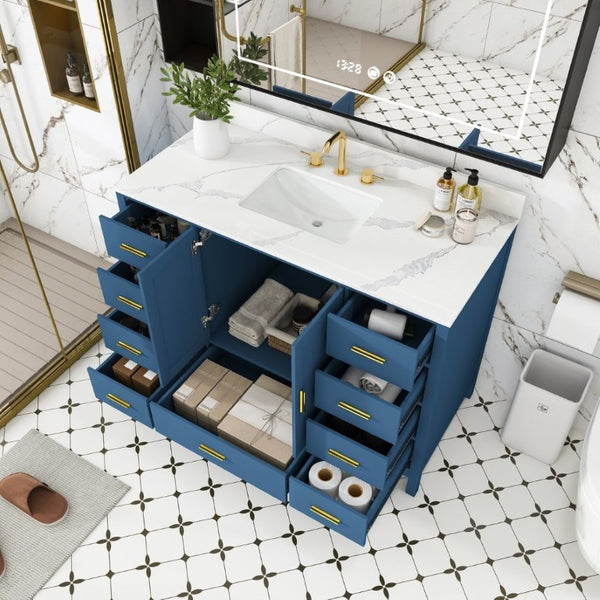 English Elm 48 Inch Navy Bathroom Vanity with Quartz Top Gold Hardware and 9 Drawer Storage Cabinet Blue W2699S00139