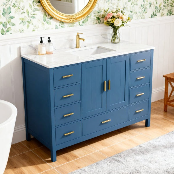English Elm 48 Inch Navy Bathroom Vanity with Quartz Top Gold Hardware and 9 Drawer Storage Cabinet Blue W2699S00139
