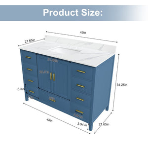 English Elm 48 Inch Navy Bathroom Vanity with Quartz Top Gold Hardware and 9 Drawer Storage Cabinet Blue W2699S00139