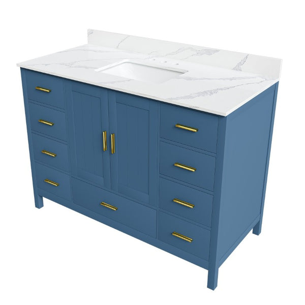 English Elm 48 Inch Navy Bathroom Vanity with Quartz Top Gold Hardware and 9 Drawer Storage Cabinet Blue W2699S00139