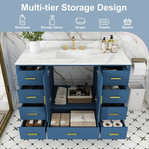English Elm 48 Inch Navy Bathroom Vanity with Quartz Top Gold Hardware and 9 Drawer Storage Cabinet Blue W2699S00139